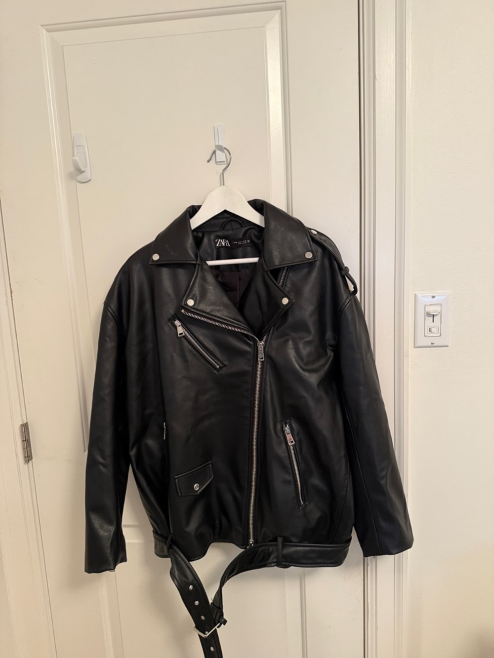 Zara Black Faux Leather Moto Jacket with Belt